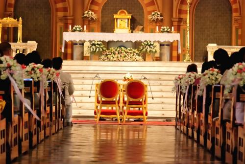 An image of a church sanctuary before a wedding ceremony
